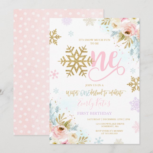 Inverno ONEderland Aniversário Convite Dourado Ros (Frente/Verso)