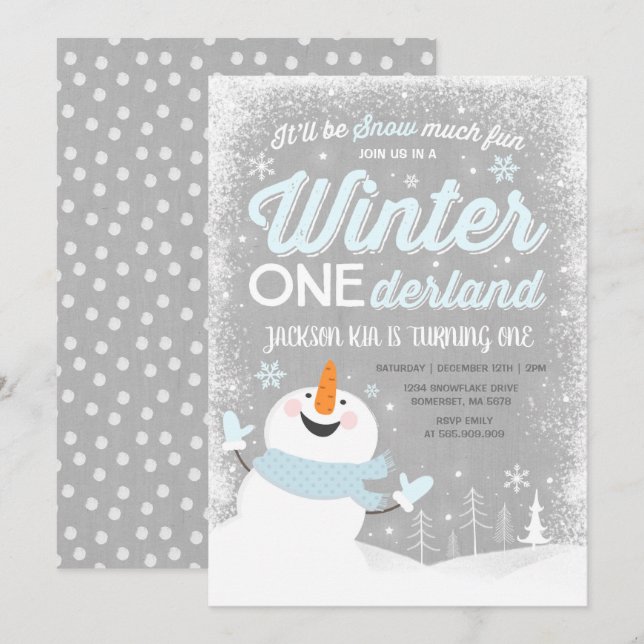 Inverno OneDerland Birthday Convite Snowman Azul (Frente/Verso)