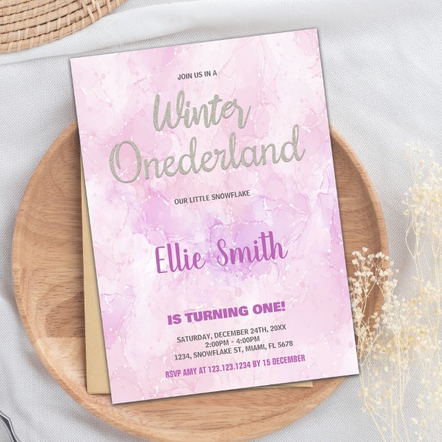 Inverno OneDerland Birthday - Convites de Aniversá (Winter ONEderland Birthday Invitations Pink Art)