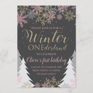Inverno ONEderland - Convite de aniversário rosa