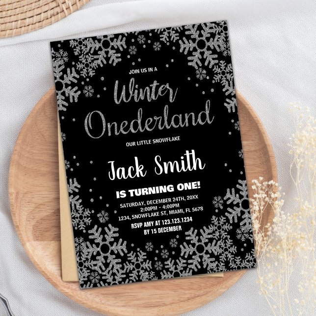 Inverno OneDerland Convites Black Silver (Winter ONEderland Invitations Black Silver)