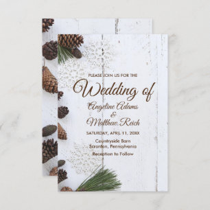 Inverno Pinecone e cartão de casamento dos flocos