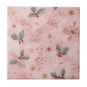 Inverno Rosa - Folhas de Holly e Flocos de Neve (1