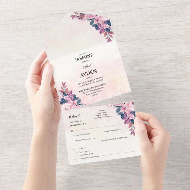 Invit Rustic Country Pinkflower Wedding All-in-One (Aba destacável)