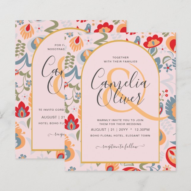 invitación bilingüe de boda de flores, popular, (Frente/Verso)