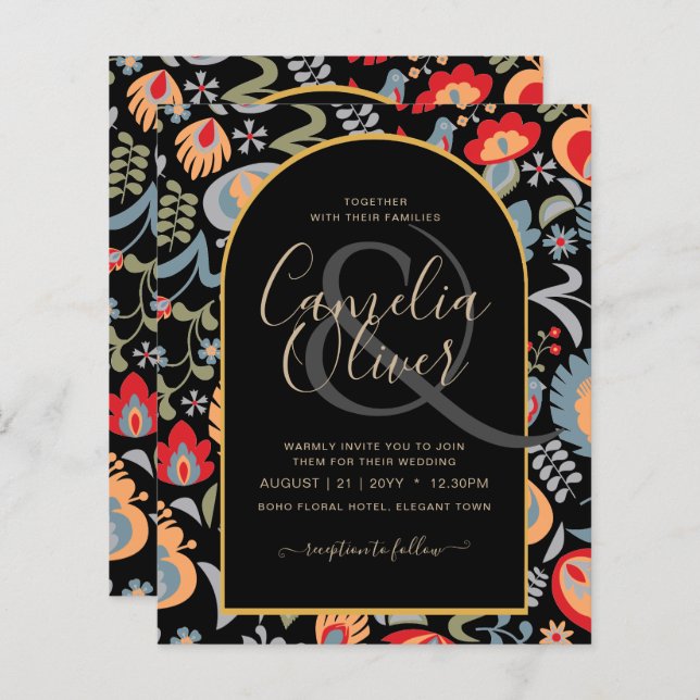 invitación bilingüe de boda de flores, popular, (Frente/Verso)