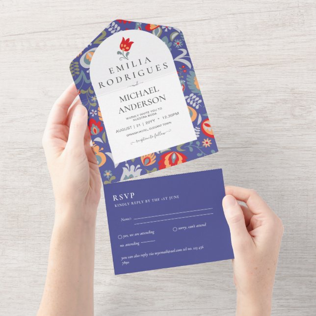 Invitación de Boda Español Inglés Rsvp FOLKART (Aba destacável)
