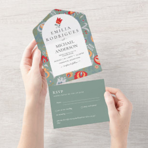 Invitación de Boda Español Inglés Rsvp FOLKART