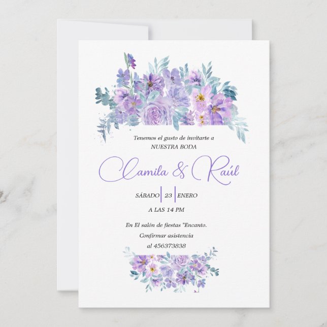 Invitación de Boda “Flores en Tono Lila” (Frente)