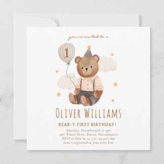 Invitation bear 1st birthday blue balloon