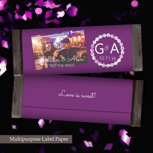 Invólucro de Bar de doce com Casamento Roxo com Fo (plum purple wedding personalized chocolate candy bar wrapper paper label photo monogram party favor)