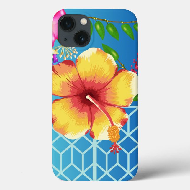 iPhone 13 Case, flor de Ouro azul de fundo. (Verso)