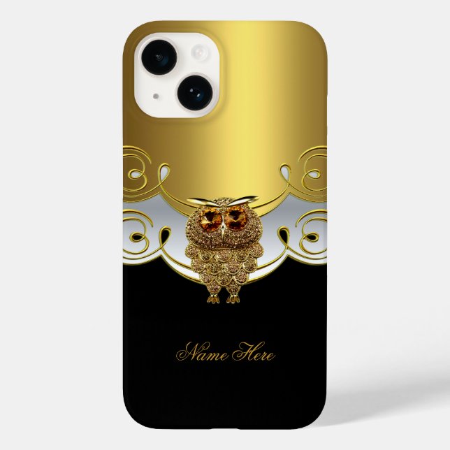 iPhone Dourado Preto Branco Coruja Jóia Imagem (Verso)