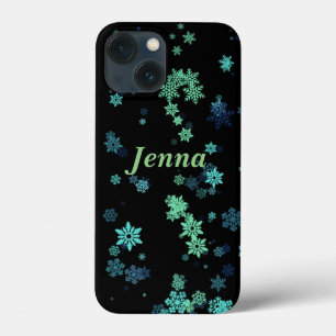 iPhone Preto com Flocos de Neve Verde e Azul