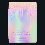 Iridescente de brilho rosa salão de beleza comerci<br><div class="desc">Um fundo iridescente de tendência com cores pastel unicórnio e arco-íris em cor rosa, roxo, rosa, verde da casa da moeda. Decorado com pingos de brilho falso em ouro rosa, rosa e roxo. Uma capa de ipad para maquiadores, designers de cabelo, cabelos e salões de beleza. Letras cor púrpura. Personalize...</div>