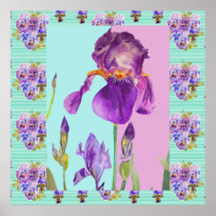 Iris Watercolor Flower Painting Aqua Green Poster