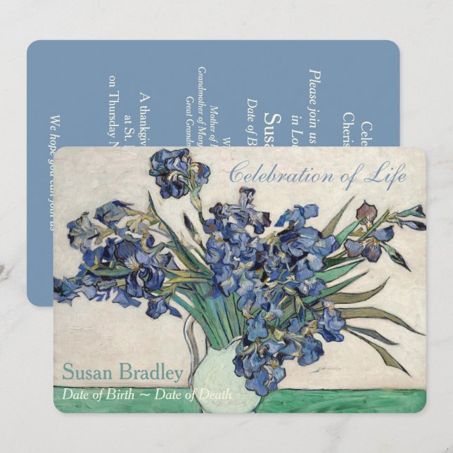 Irises Van Gogh Celebração Funeral Anúncio (Frente/Verso)