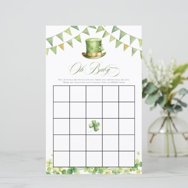 Irish Baby Shower Bingo Green Shamrock Card (Em pé/Frente)