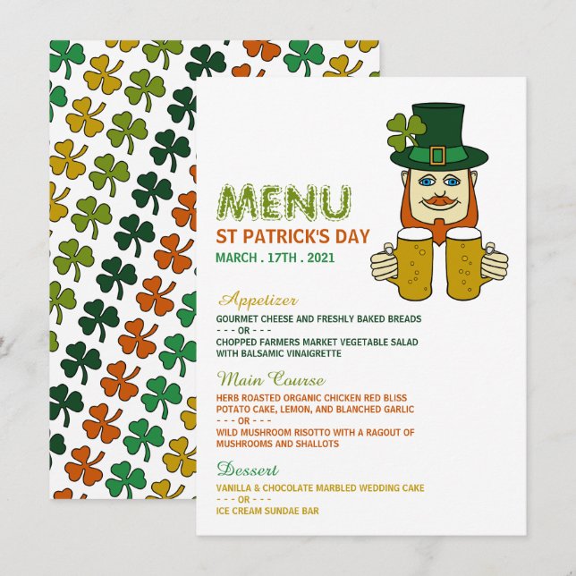 Irish Leprechaun, Cartão de Menu do Dia de São Pat (Frente/Verso)