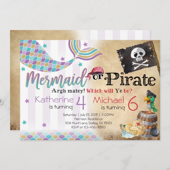 Irmãos Convites de aniversário piratas da Mermaid (Frente/Verso)