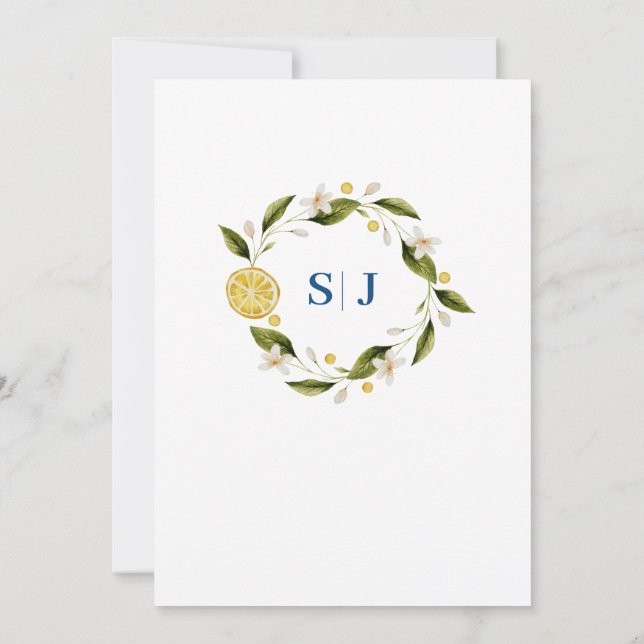 Italia Blue Watercolor Lemon Convite para Casament (Verso)