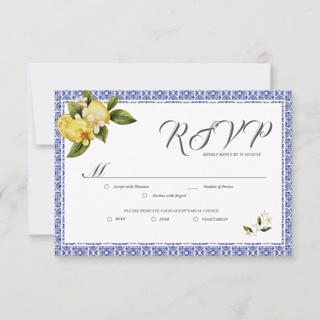 Italia Blue Watercolor Lemon RSVP Card (Frente)