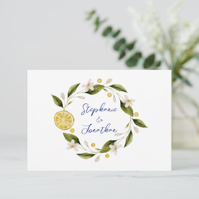 Italia Blue Watercolor Lemon RSVP Card (Em pé/Frente)