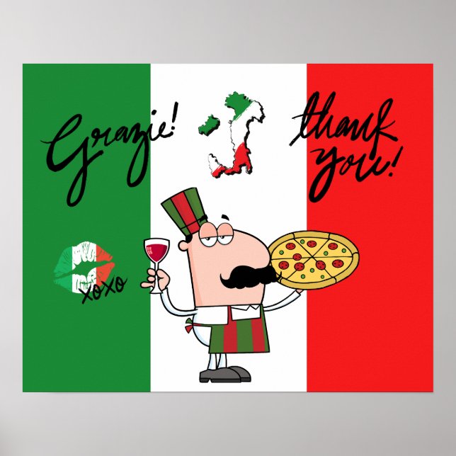 Itália Grazie Pizza Chef Wine Kiss XOXO Art Poster (Frente)