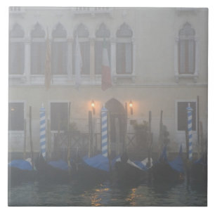 Itália, Veneza. Uma fileira de gôndolas vistas atr
