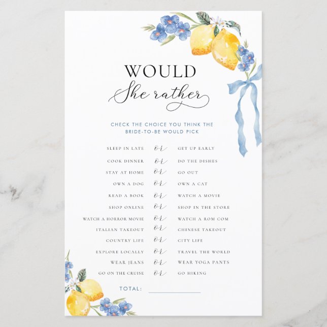 Italian Bow & Lemons Bridal Would She Rather Game (Frente)