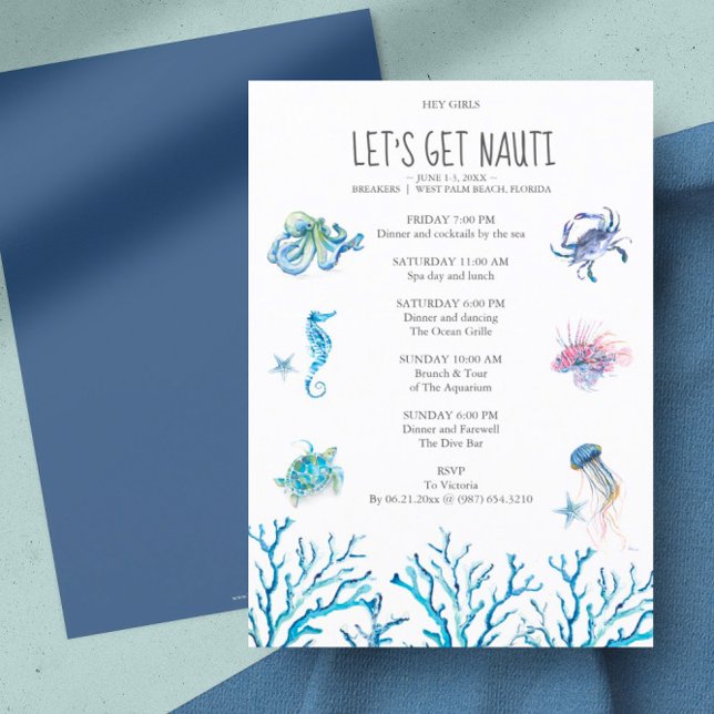 Itinerário da Festa de solteira de praia de Waterc (bachelorette party invitation beach watercolor art by Victoria Grigaliunas)