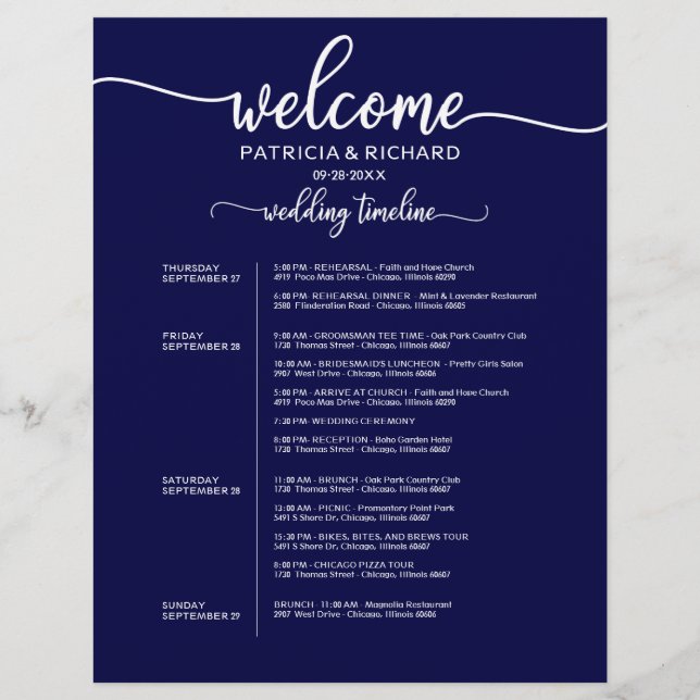 Itinerário de 4 Dias de Casamento Cronologia Chic  (Frente)