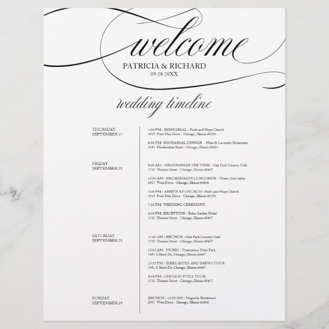 Itinerário de 4 Dias de Casamento Elegante Roteiro (Frente)