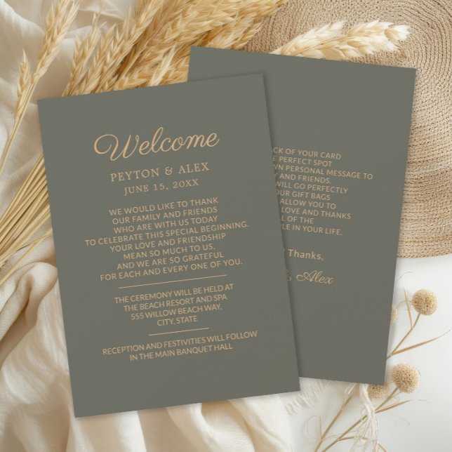 Itinerário de Boas-vindas de Casamento Verde Oliva (Olive/sage green Wedding Welcome Itinerary 2-sided card)