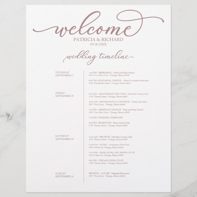 Itinerário de Casamento de 4 Dias Chic Script Rosa (Frente)