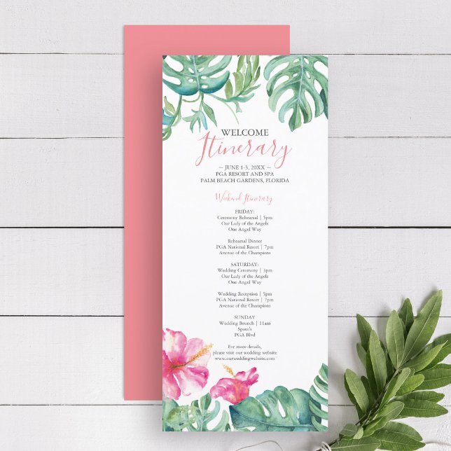 Itinerário de Casamento Floral Tropical de Waterco (tropical beach wedding welcome itinerary features watercolor palm leaves and pink hibiscus flowers)