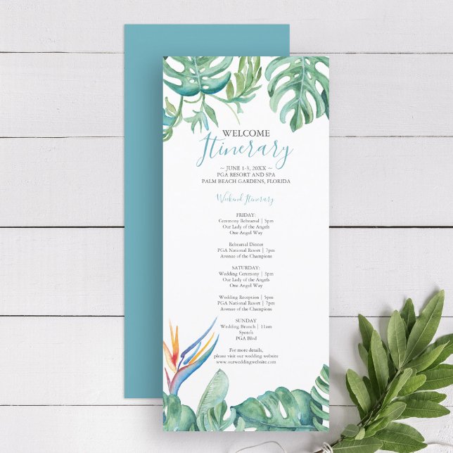 Itinerário de Casamento Tropical de Aquarela (wedding itinerary template tropical watercolor bird of paradise and palm leaves Victoria Grigaliunas)
