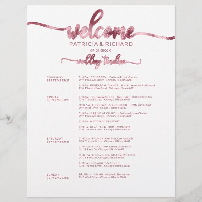 Itinerário de Fim de Semana de Casamento de 4 Dias (Frente)