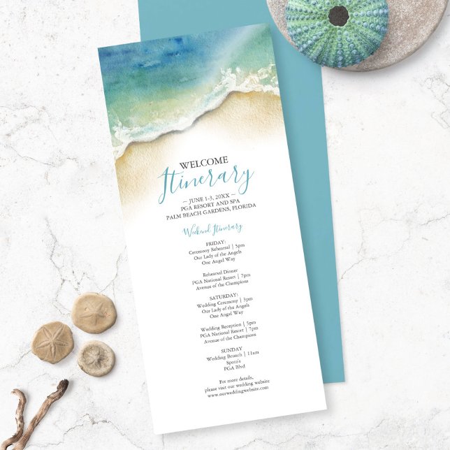 Itinerário de Fim de Semana de Casamento de Praia  (Wedding welcome itinerary watercolor seashore art by Victoria Grigaliunas of Do Tell A Belle)