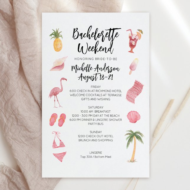 Itinerário de Fim de Semana de Despedida de Soltei (Watercolor Beach Bachelorette Weekend Itinerary Invite)