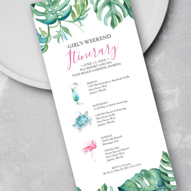 Itinerário de Fim de Semana Tropical de Watercolor (Girl's weekend itinerary invitations features watercolor tropical leaves & art Victoria Grigaliunas)