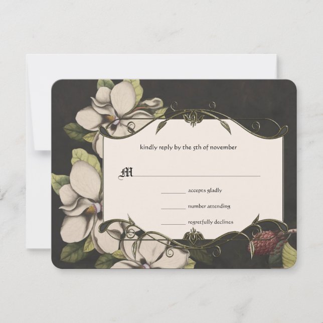Ivory Black Green Copper Magnolia Weding RSVP (Frente)