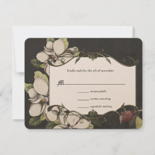 Ivory Black Green Copper Magnolia Weding RSVP