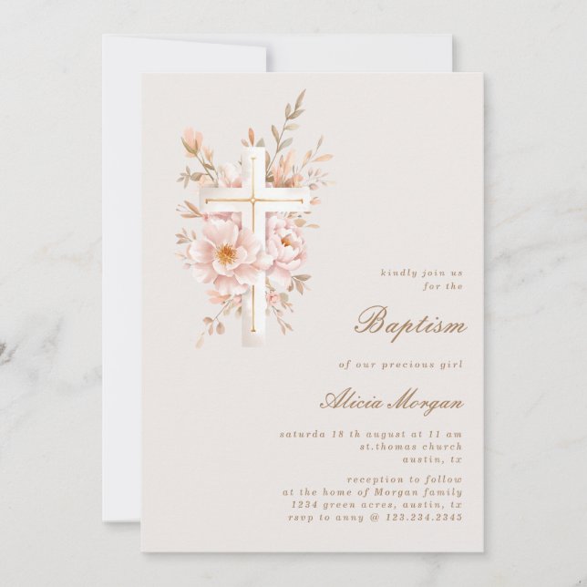 Ivory Blush Floral Cross Baptism Convite (Frente)