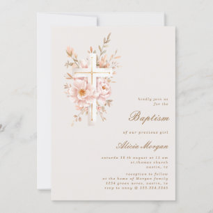 Ivory Blush Floral Cross Baptism Convite