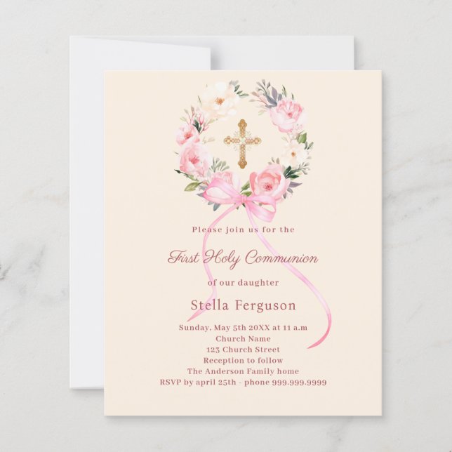 Ivory blush florals bow First Communion invitation (Frente)