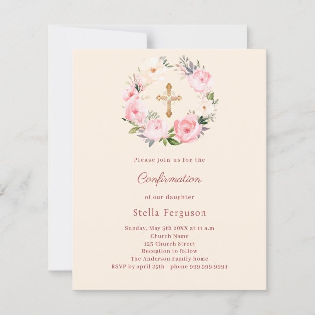 Ivory blush florals cross Confirmation invitation (Frente)