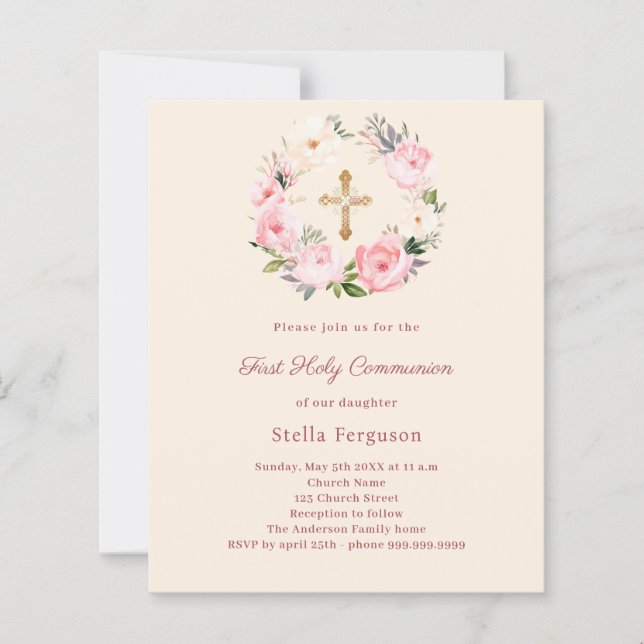 Ivory blush florals First Communion invitation (Frente)