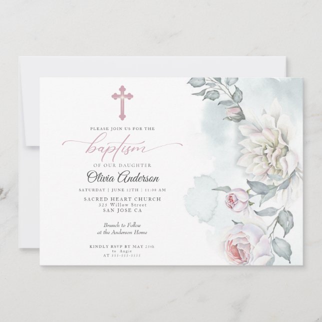 Ivory Blush Pink Cottage Flowers Baptism Convite (Frente)