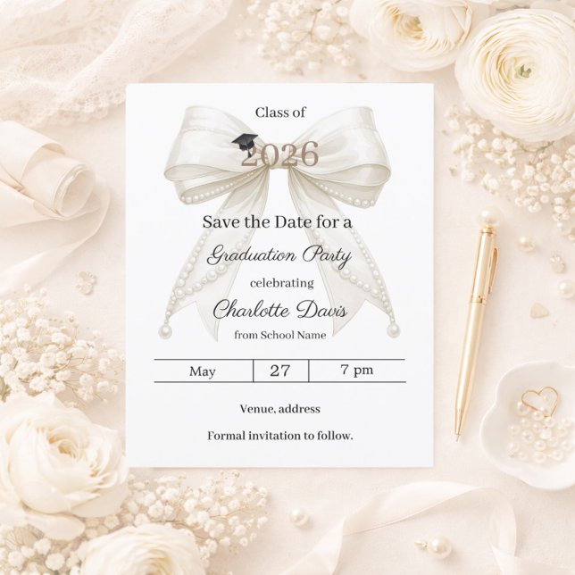 Ivory bow pearls Graduation party Save the Date (Criador carregado)